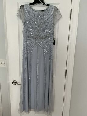 NWT Adrianna Papell Silver Beaded Maxi Dress